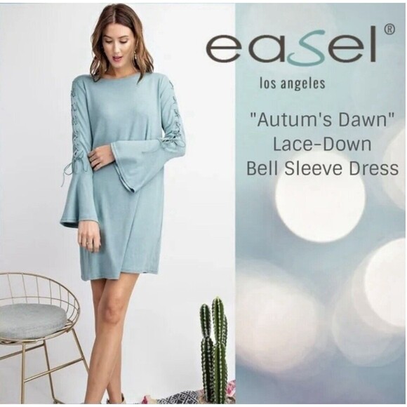 Easel Size L Autumn’s Down Lace Down Bell Sleeve Grey Dress Boho Minimalist - Picture 1 of 9